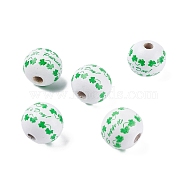 Saint Patrick's Day Theme Spray Painted Natural Wood Beads, with Clover & Word Pattern, Green, 15.5~16mm, Hole: 4mm(WOOD-C010-03)