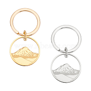 2Pcs 2 Colors Round Ring with Mountain 304 Stainless Steel Pendant Keychain, for Keychain, Purse, Backpack Ornament, Golden & Stainless Steel Color, 5.15cm, 1pc/color(KEYC-UN0001-15)