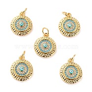 Brass Micro Pave Cubic Zirconia Pendants, with Enamel, Long-Lasting Plated, Cadmium Free & Lead Free, Flat Round with Evil Eye, Real 18K Gold Plated, 15x12.5x3.5mm, Hole: 3.6mm(ZIRC-P092-010G-03-RS)