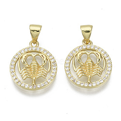 Brass Micro Pave Cubic Zirconia Pendants, Nickel Free, with Snap on Bail, Flat Round with Constellation, Clear, Real 18K Gold Plated, Cancer: 17.5x15x2.5mm, Hole: 4x3mm(ZIRC-S061-199D-G-NF)