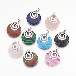 Natural & Synthetic Gemstone Pendants, with Platinum Tone Brass Findings, Flat Round, 32x28x6mm, Hole: 4x5mm(KK-F751-D)