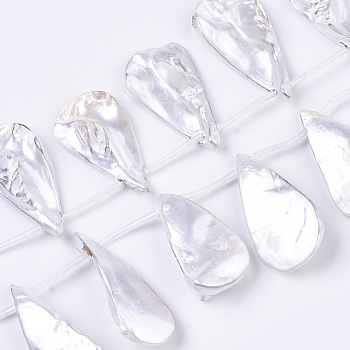 Spray Painted Natural Freshwater Shell Beads Strands, Top Drilled Beads, Teardrop, White, 24~40x10~20x7~12mm, Hole: 0.8mm, about 15pcs/Strand, 12.99 inch~13.77 inch(33~35cm)