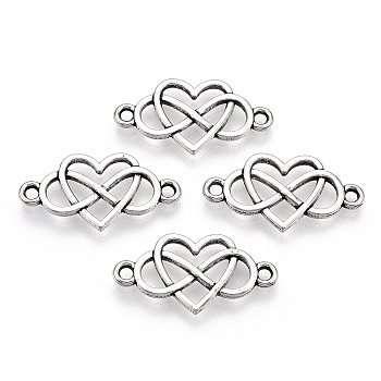 Tibetan Style Alloy Connector Charms, Infinity Links with Heart, Antique Silver, 13x25x2mm, Hole: 1.8mm