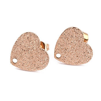 Ion Plating(IP) 304 Stainless Steel Stud Earring Findings, with Ear Nuts/Earring Backs and Hole, Heart Shape with Textured, Rose Gold, 12x13x1mm, Pin: 0.8mm