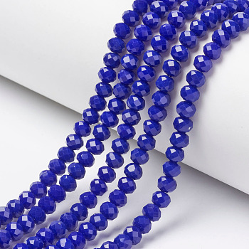 Opaque Solid Color Glass Beads Strands, Faceted, Rondelle, Blue, 8x6mm, Hole: 1mm, about 63~65pcs/strand, 39~40cm