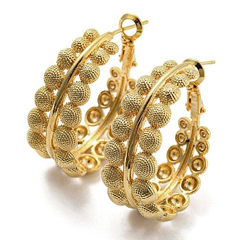 Brass Half Round Beaded Thick Hoop Earrings for Women, Golden, 35x14x26mm