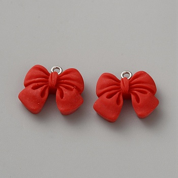 Opaque Resin Pendants, Bowknot, with Platinum Alloy Loop, Red, 19x22x6.5mm, Hole: 2mm