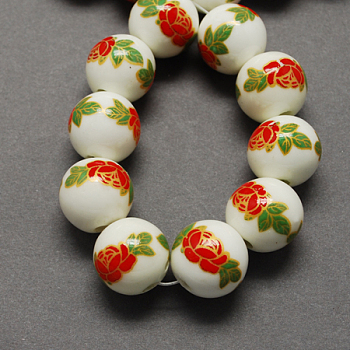 Handmade Printed Porcelain Beads, Round, Yellow Green, 12mm, Hole: 2mm