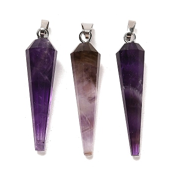 Natural Amethyst Pointed Pendants, Faceted Cone Charms with Platinum Plated Barss Snap on Bails, 35~35.5x8~8.5mm, Hole: 6.5x4mm