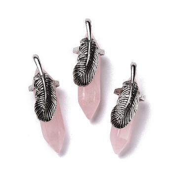 Natural Rose Quartz Pendants, with Antique Silver Tone Brass Findings, Cadmium Free & Lead Free, Double Terminal Pointed Bullet with Leaf, 44~47x14~15x14~15mm, Hole: 6.2x3.5mm