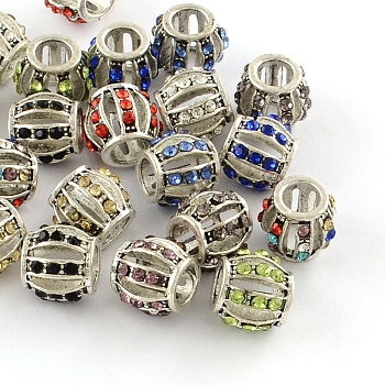 Hollow Rondelle Antique Silver Plated Alloy Rhinestone European Beads, Large Hole Beads, Mixed Color, 10~11x9.5mm, Hole: 5mm