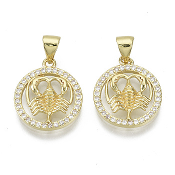 Brass Micro Pave Cubic Zirconia Pendants, Nickel Free, with Snap on Bail, Flat Round with Constellation, Clear, Real 18K Gold Plated, Cancer: 17.5x15x2.5mm, Hole: 4x3mm