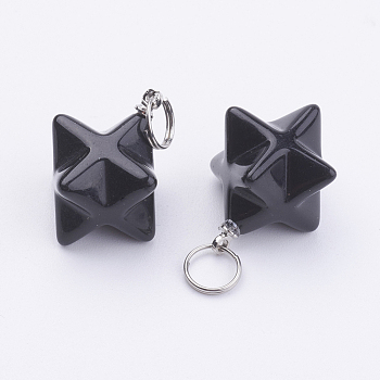 Natural Obsidian Pendants, with 201 Stainless Steel Split Rings, Stainless Steel Color, Merkaba Star, 22~23x16.5~17x19mm, Hole: 6mm