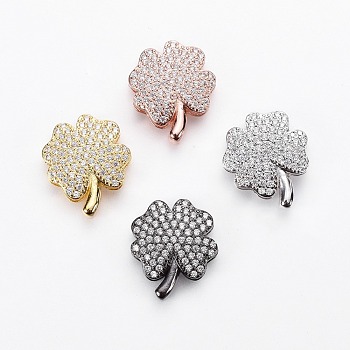 Brass Micro Pave Cubic Zirconia Slide Charms, Long-Lasting Plated, Cadmium Free & Nickel Free & Lead Free, Clover, Clear, Mixed Color, 18x15x5mm, Hole: 2x11mm