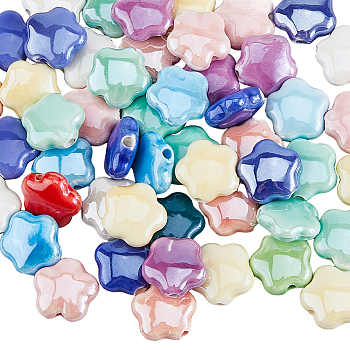 50Pcs Handmade Porcelain Beads, Bright Glazed Porcelain, Flower, Mixed Color, 14x15x6.5mm, Hole: 2mm