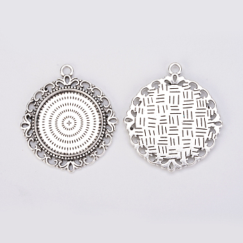 Tibetan Style Alloy Pendant Cabochon Settings, Flat Round, Antique Silver, Tray: 25mm, 43x39x3mm, Hole: 3mm, about 115pcs/kg