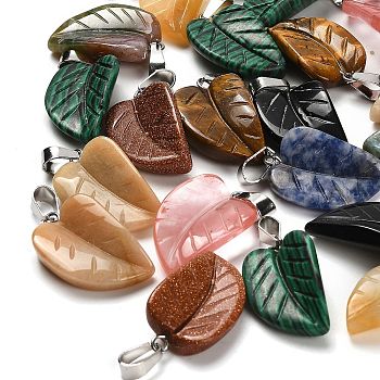 Natural & Synthetic Mixed Gemstone Pendants, with 201 Stainless Steel Finding, Leaf, 25.5~26x15x7mm, Hole: 4x8mm