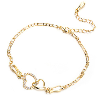 Brass Cubic Zirconia Link Chain Bracelets, with Lobster Claw Clasps, Heart to Heart, Clear, Real 18K Gold Plated, 9-7/8 inch(25cm)