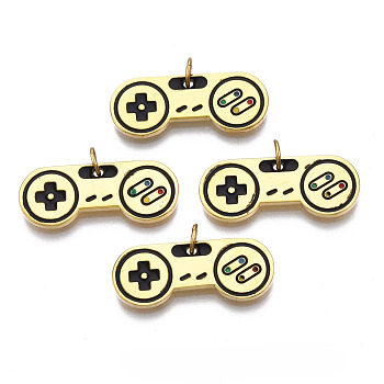 316 Surgical Stainless Steel Pendants, with Jump Rings and Enamel, Game Controller, Real 14K Gold Plated, 8x20x1.5mm, Hole: 2.5mm, Jump Ring: 4x0.5mm, 2.5mm inner diameter