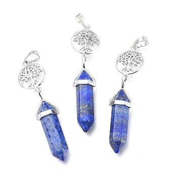 Natural Lapis Lazuli Pointed Big Pendants, Double Terminated Pointed, with Platinum Plated Brass Findings, Faceted, Bullet, 59~67x14~15mm, Hole: 7x5mm, Gemstone: 41~44x8mm