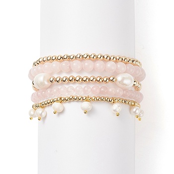5Pcs 5 Style Natural Rose Quartz & Brass Beaded Stretch Bracelets Set, Natural Pearl Charms Stackable Bracelets for Women, Inner Diameter: 2~2-1/4 inch(5.2~5.6cm), 1Pc/style