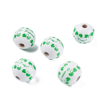 Saint Patrick's Day Theme Spray Painted Natural Wood Beads, with Clover & Word Pattern, Green, 15.5~16mm, Hole: 4mm
