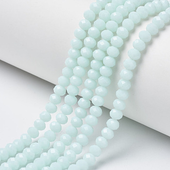 Opaque Solid Color Glass Beads Strands, Faceted, Rondelle, Light Cyan, 8x6mm, Hole: 1mm, about 72pcs/strand, 16.14 inch(41cm)