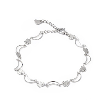 304 Stainless Steel Moon & Heart Link Chain Bracelet for Women, Stainless Steel Color, 7-1/2 inch(18.9cm)
