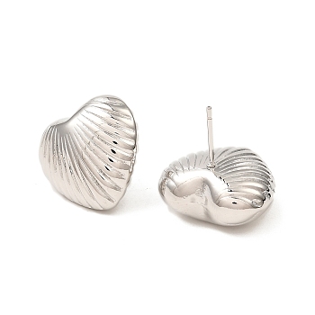 Brass Heart Ear Studs for Women, Real Platinum Plated, 19.5x20.5mm