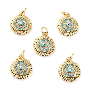 Brass Micro Pave Cubic Zirconia Pendants, with Enamel, Long-Lasting Plated, Cadmium Free & Lead Free, Flat Round with Evil Eye, Real 18K Gold Plated, 15x12.5x3.5mm, Hole: 3.6mm