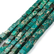 Natural Imperial Jasper Beads Strands, Dyed, Cube, Light Sea Green, 7x7x7mm, Hole: 1.2mm, about 59~60pcs/strand, 15.1~15.3 inch(38.5~39cm)(X-G-I248-02N-A)