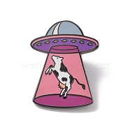 Space Ship with Cow Alloy Enamel Pin Brooch, for Backpack Clothes, Pink, 30x23.5x2mm(JEWB-R268-04)