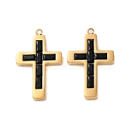 304 Stainless Steel Pendants, with Glass, Corss Charms, Real 14K Gold Plated, Black, 24.5x15.5x3.5mm, Hole: 1.4mm(STAS-L022-085G-02)