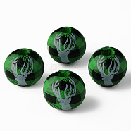 Painted Natural Wood Beads, Round with Deer, Christmas Style, Green, 16x15mm, Hole: 4mm(WOOD-N006-175)