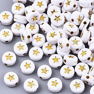 Opaque Acrylic Beads, Flat Round with Star, White, Golden Plated, 7x4mm, Hole: 1.5mm(X-PACR-N006-006A-01A)