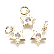 Brass Micro Pave Cubic Zirconia Charms, with Jump Ring, Long-Lasting Plated, Star, Real 18K Gold Plated, Clear, 10x9x2mm, Hole: 3mm(X1-ZIRC-F111-09G-08)