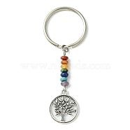 Alloy Tree of Life Pendant Keychain, with Chakra Gemstone Bead and Iron Split Key Rings, Flat Round, 6.8cm, Pendant: 19.5x16.5x1.2mm(KEYC-JKC00591-01)