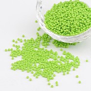 12/0 Grade A Glass Seed Beads, Baking Paint, Round, Lawn Green, 2x1.5mm, Hole: 0.7mm, about 3000pcs/50g(X-SEED-Q009-FJX06)