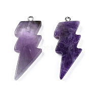 Natural Amethyst Pendants, Lightning Bolt Charm, with Stainless Steel Color Tone 304 Stainless Steel Loops, 40~44.5x17~20x4.5~6mm, Hole: 2mm(G-N332-53-A02)