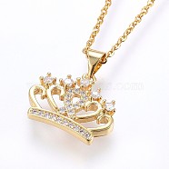 304 Stainless Steel Pendant Necklaces, with Cubic Zirconia, Crown, Golden, 18.11 inch(46cm), Pendant: 15x18x3.5mm(NJEW-H486-21G)