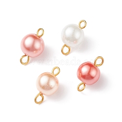 Glass Imitation Pearl Connector Charms, with Golden Plated Double Iron Loops, Round, Light Salmon, 14x7.5mm, Hole: 1.8mm and 2.5mm(PALLOY-JF01881-04)