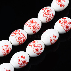 Handmade Porcelain Ceramic Beads Strands, Flower Printed, Oval, Red, 17x13mm, Hole: 2.5mm, about 18pcs/strand, 12 inches(30.5cm)(PORC-S502-047F)