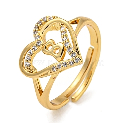 Heart with Letter Rack Plating Brass Micro Pave Clear Cubic Zirconia Adjustable Rings for Women, Lead Free & Cadmium Free, Real 18K Gold Plated, Letter B, Inner Diameter: 16mm(RJEW-I105-01G-B)