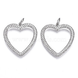 Brass Micro Pave Cubic Zirconia Pendants, with Jump Ring, Heart, Nickel Free, Real Platinum Plated, Clear,  31x29x3mm, Hole: 5mm(ZIRC-T013-16P-NF)