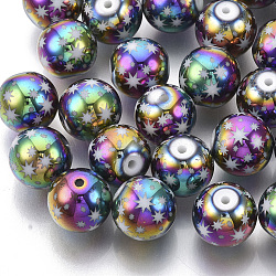 Christmas Electroplate Glass Beads, Round with Star Pattern, Multi-color Plated, 10mm, Hole: 1.2mm(X-EGLA-R113-07D)