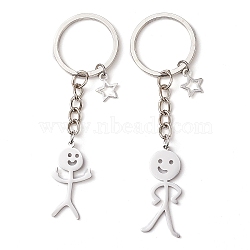 Alloy & Stainless Steel Keychain, with Iron Findings, Human with Star, Stainless Steel Color, 8.5cm, 2pcs/set(KEYC-JKC00901)