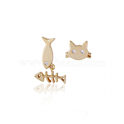 Real 18K Gold Plated Brass Cubic Zirconia Kitten Dangle Stud Earrings, Cat and Fish, Asymmetrical Earrings, 15x11mm(EJEW-EE0001-213)