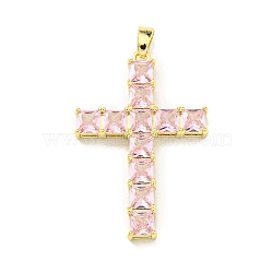 Brass Micro Pave Cubic Zirconia Pendants, Cross Charms, Pink, Real 18K Gold Plated, 33x22x4mm, Hole: 5x2.5mm(KK-L073-002G-01)