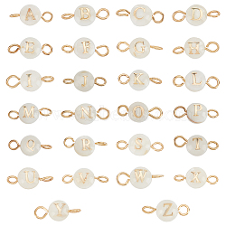 Elite 1 Set 26 Styles Natural Freshwater Shell Beads Connector Charms, with Golden Tone 304 Stainless Steel Double Loops, Flat Round with Letter A~Z, Seashell Color, 12x5.5x3.5mm, Hole: 2~2.5mm, 1pc/style, 26pcs/set(FIND-PH0008-08)