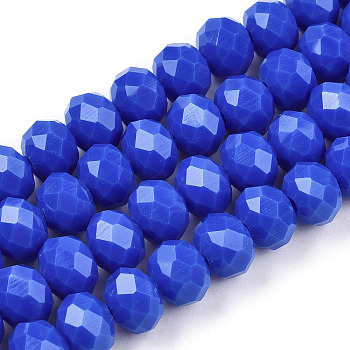 Opaque Solid Color Glass Beads Strands, Faceted, Rondelle, Royal Blue, 10x8mm, Hole: 1mm, about 65~66pcs/strand, 20.8~21.2 inch(53~54cm)